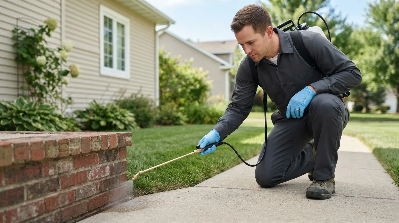 Pest control technician treating a home near Fredericksburg, IN