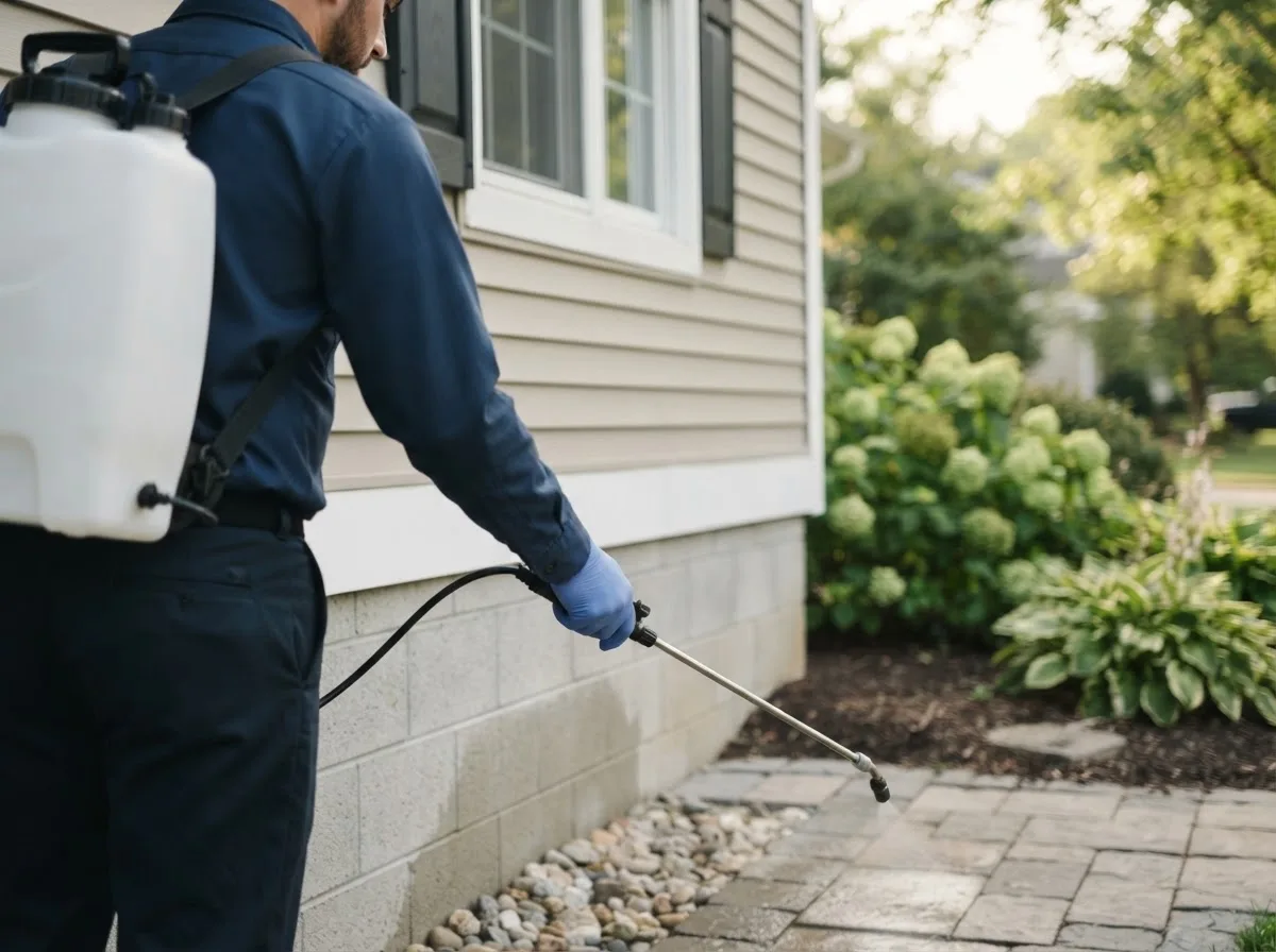 Pest control technician inspecting a home in Fredericksburg, IN
